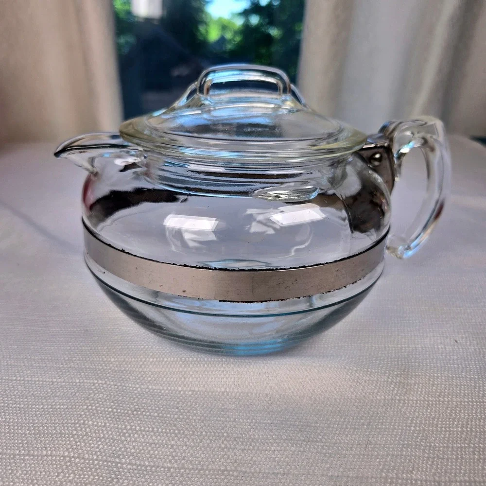 Vintage Pyrex 8126-B Clear Glass Teapot  Server Stainless Band USA MCM